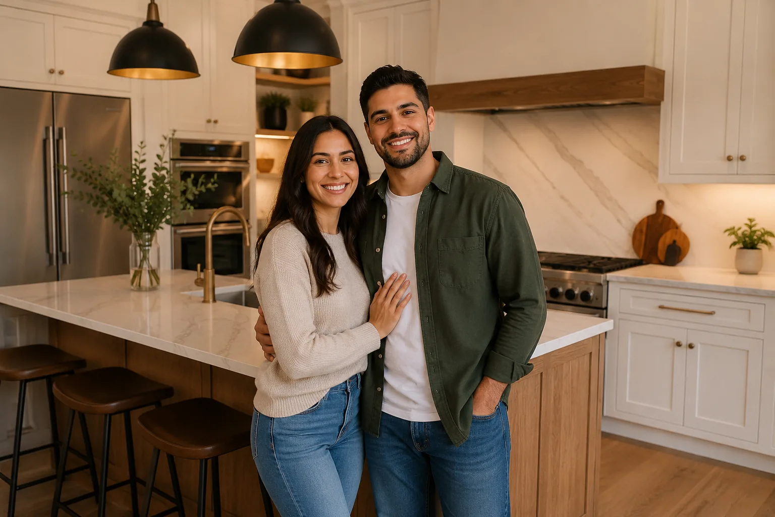 A couple reviewing remodeling plans in a warm walnut kitchen