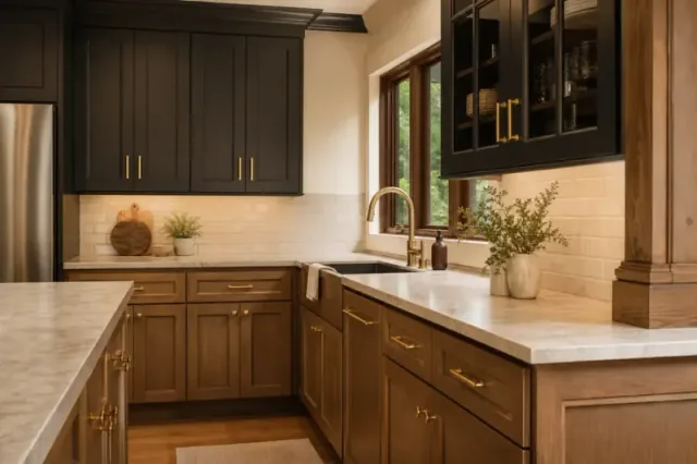 Walnut cabinet and countertop detail in a remodeled kitchen